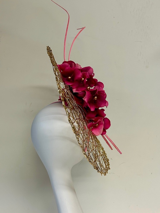 Kentucky Derby Oaks Fuchsia Floral Gold Mesh Fascinator Headband main image 6